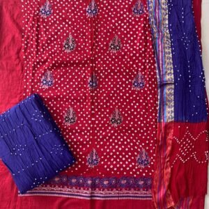 Kutchi Bhandhani Red Blue Handicraft Suit